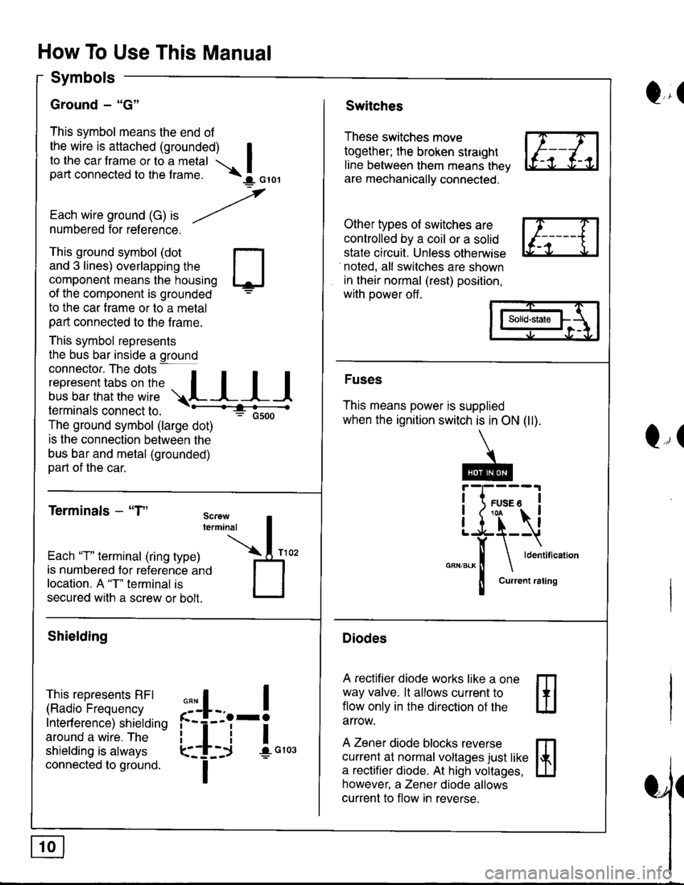 HONDA INTEGRA 1998 4.G Workshop Manual How To Use This Manual
Symbols
Ground - "G"
This symbol means the end of
the wire is attached (grounded) Ito the car frame or to a metal Ipart connected to the f rame. \I orol
,
Each wire ground (G) HONDA INTEGRA 1998 4.G Workshop Manual How To Use This Manual
Symbols
Ground - "G"
This symbol means the end of
the wire is attached (grounded) Ito the car frame or to a metal Ipart connected to the f rame. \I orol
,
Each wire ground (G)