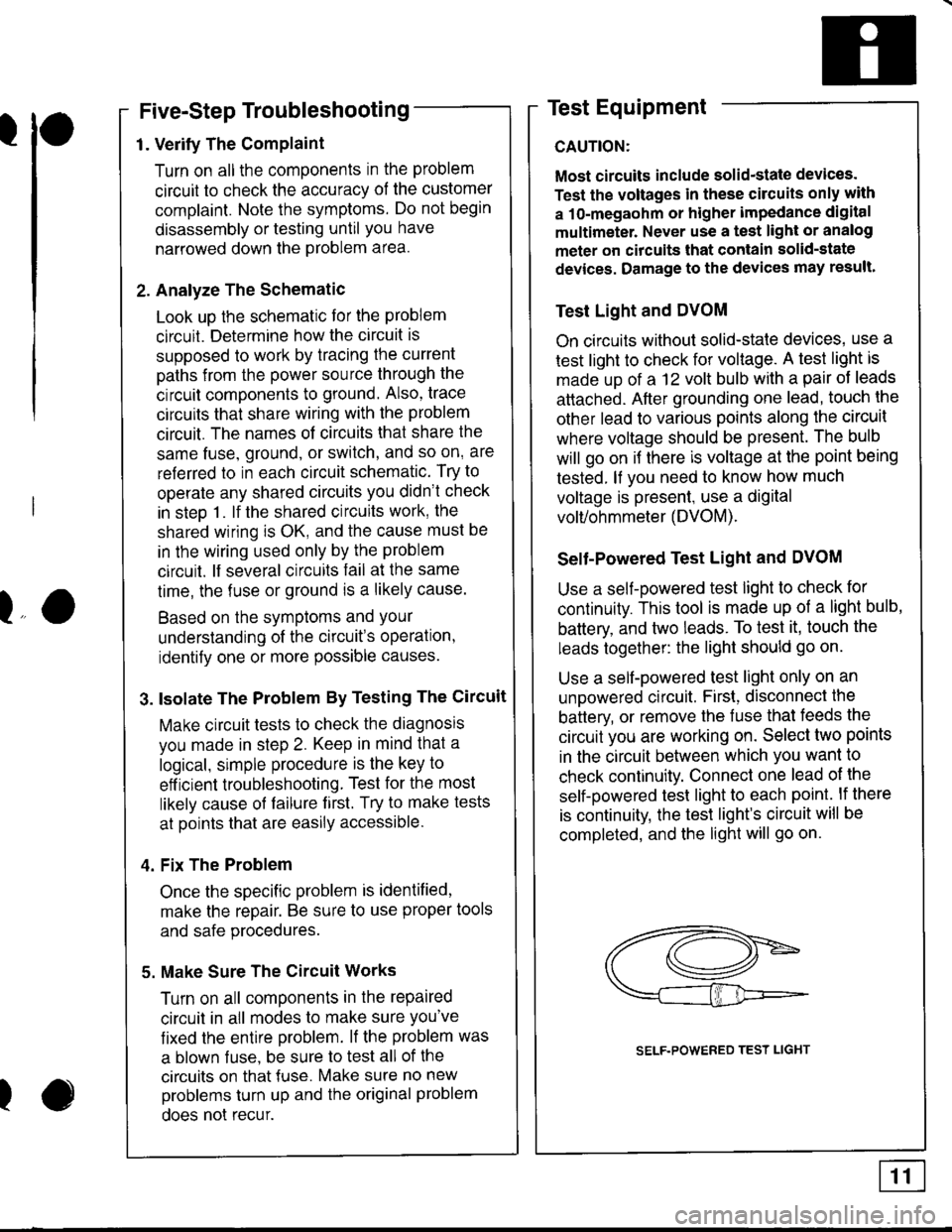 HONDA INTEGRA 1998 4.G Workshop Manual l
Five-Step Troubleshooting
1. Verify The Complaint
Turn on all the components in the problem
circuit to check the accuracy of the customer
complaint. Note the symptoms. Do not begin
disassembly or 