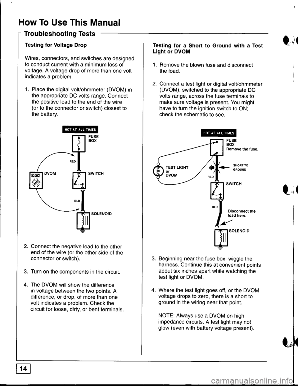 HONDA INTEGRA 1998 4.G Workshop Manual How To Use This Manual
Troubleshooting Tests
Testing for Voltage Drop
Wires, connectors, and switches are designed
to conduct current with a minimum loss of
voltage. A voltage drop of more than one vo HONDA INTEGRA 1998 4.G Workshop Manual How To Use This Manual
Troubleshooting Tests
Testing for Voltage Drop
Wires, connectors, and switches are designed
to conduct current with a minimum loss of
voltage. A voltage drop of more than one vo