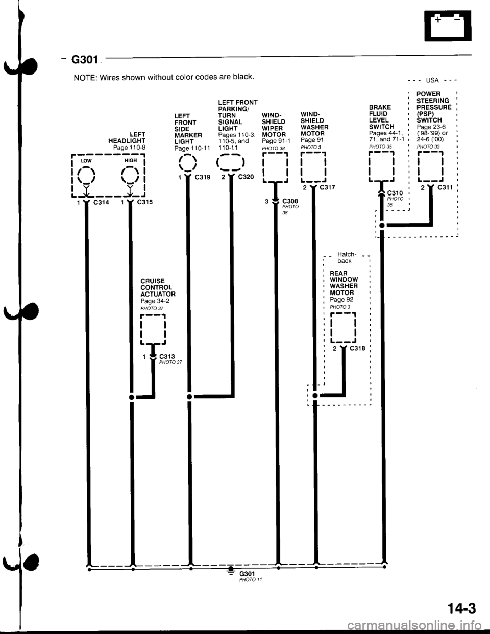 HONDA INTEGRA 1998 4.G Owners Manual - G301
NOTE: Wires shown without color codes are black.
LEFT FBONTPARKING/LEFT TURN WIND.FRONT SIGNAL SHIELDSIDE LIGHT WIPER
()l
2Y c320 |
--- usA ---
. POWERi sreentlc :BRAKE . PRESSURE ;FLUID  (PsP