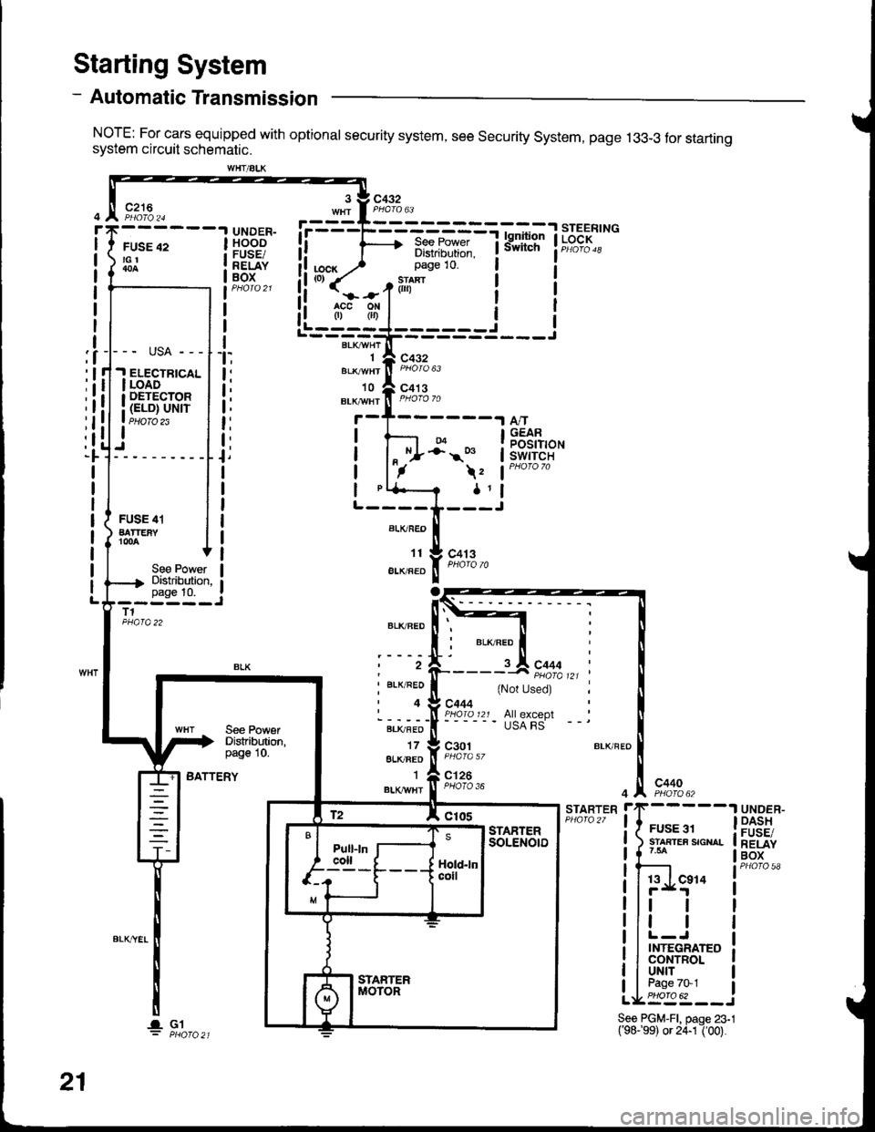 HONDA INTEGRA 1998 4.G Workshop Manual - Automatic Transmission
NorE: For cars equipped with optional security system, see security system, page 13g-3 tor startrngsystem circuit schematic.
Starting System
c216
FUSE 42tGt
UNDER-HOODFUSE/REL