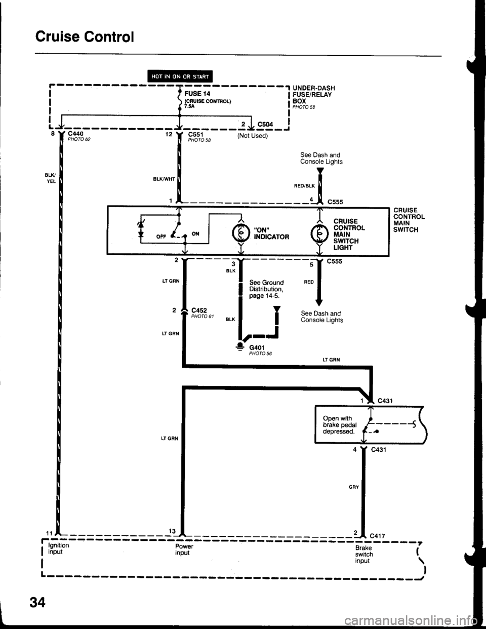 HONDA INTEGRA 1998 4.G Owners Guide Cruise Control
Ft sE 14
{crulsE CO}nnoL}
------ 2J =r*--i
(Not Used)
lhy
I input \t
L------- ______J
UNDER.DASHFUSE/RELAYBOXI
" | ,c#:.*12c551
CRUISECONTROLMAINswrTcH
-:1, c555
neo I
I
See Dash andCo