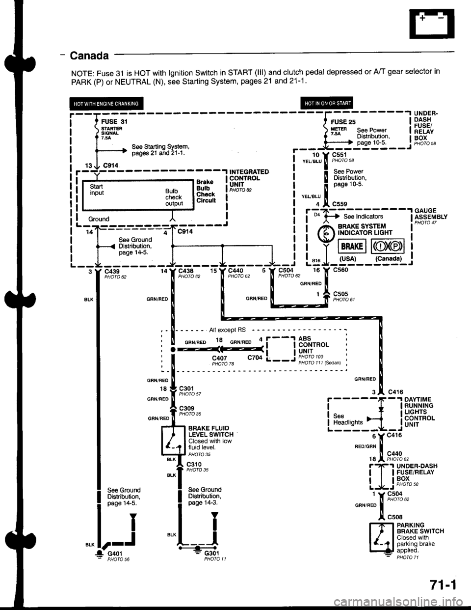 HONDA INTEGRA 1998 4.G Workshop Manual - Canada
NOTE: Fuse 3l is HOT with lgnition Switch in START (lll) and clutch pedal depressed or A/T gear selector in
PARK (P) or NEUTRAL (N), see Starting System, pages 21 and 21-1.
;;;----
----l;";; HONDA INTEGRA 1998 4.G Workshop Manual - Canada
NOTE: Fuse 3l is HOT with lgnition Switch in START (lll) and clutch pedal depressed or A/T gear selector in
PARK (P) or NEUTRAL (N), see Starting System, pages 21 and 21-1.
;;;----
----l;";;