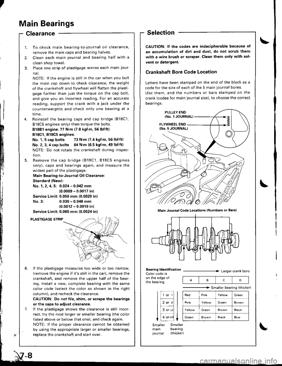 HONDA INTEGRA 1998 4.G Workshop Manual /
li
l
Main Bearings
Clearance
2.
3.
1.
4.
To check main bearing-to-iournal oil clearance,
remove the main caps and bearing halves.
Clean each main iournal and bearing half with a
clean shop towel.
Pl