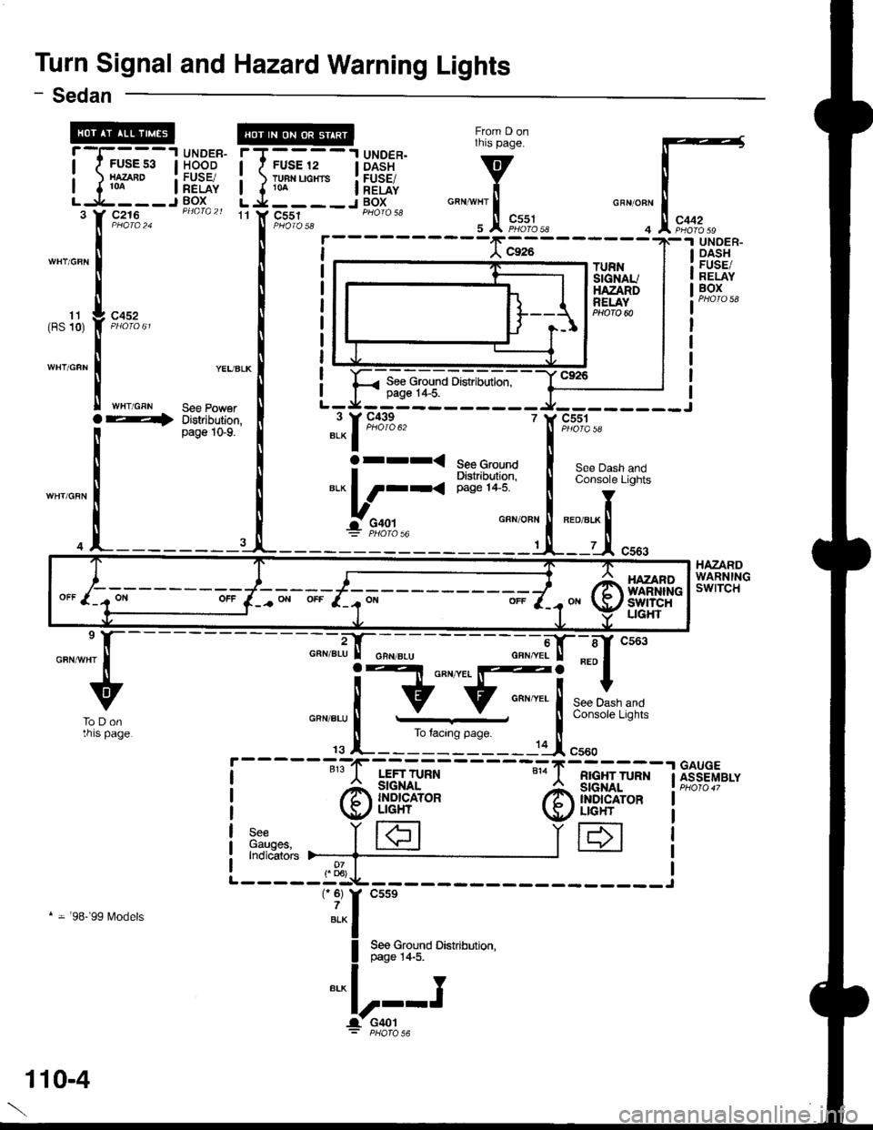 HONDA INTEGRA 1998 4.G User Guide Turn Signal and Hazard Warning Lights
From D onthis page.
v
i"""*l.!, 
F,*%.,r
- Sedan
11 Y C551GRN/OFN
4
rT----l UNDER.I I FUSE 12 | DASH
i ) TH"uo". i[EiE{,L j.___-J BOXc216
c452
WHT/GRN
TURNSIGN