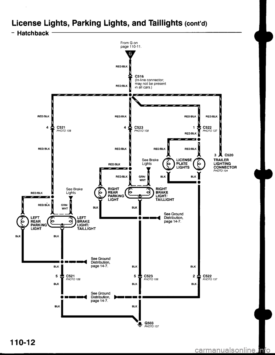 HONDA INTEGRA 1998 4.G Workshop Manual License Lights, Parking Lights, and Taillights (contd)
- Hatchback
From G onpage 11011.
REO/BLK
la
c515(lnline connector;may not be presentin all cars.)
c523
RED/BLK
,l
BEO/B!K
c522
"_^.[-[
3| Cs20