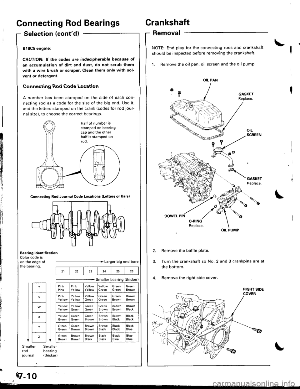 HONDA INTEGRA 1998 4.G User Guide Connecting Rod BearingsCrankshaft
Selection (contdlRemoval
818C5 engine:
CAUTION: lf the codes are indecipherable because of
an accumulation of dirt and dust, do not scrub them
with a wire brush or s