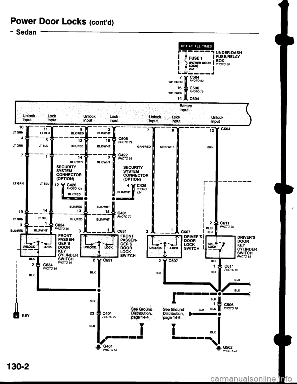 HONDA INTEGRA 1998 4.G Service Manual Power Door Locks (contd)
- Sedan
10
!. -T----t UNDER.DASH
i IHP* ![[]::*LJ----J
n "r,n"tn tr t"%% u,
"";f F,x9B^
rc I ceoa
LT GFI{
4
LT GRN
-"4{"* 
--
;;:*,*uu 
n"","..
I secunrrvI SYSTEMi CONN