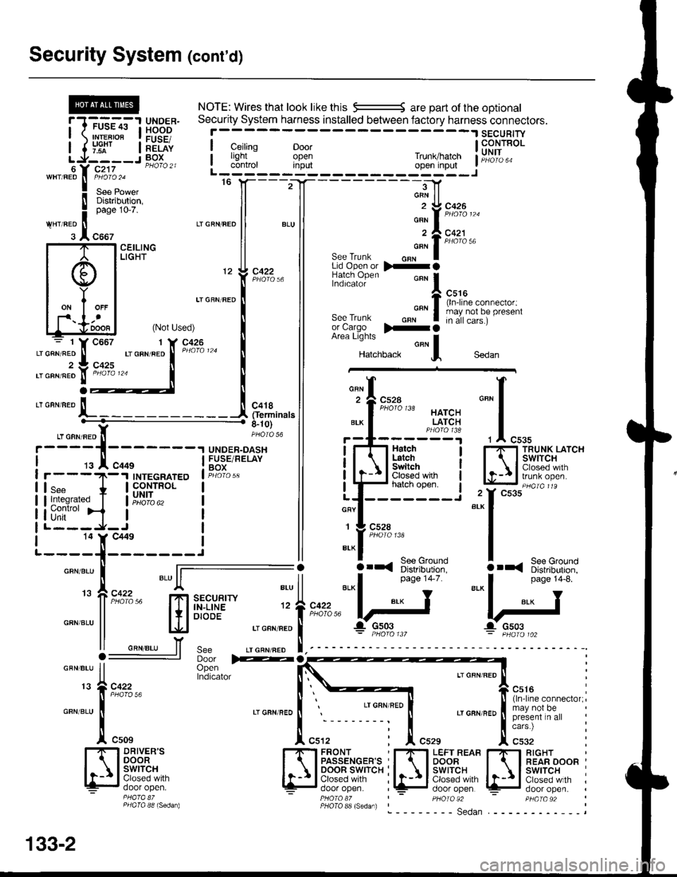HONDA INTEGRA 1998 4.G Service Manual Security System (contd)
NOTE: Wires that look likethis 5--------5 are part of the ootional
aY cz.tz ||rrrur oPcn rnpur ]wHr RED ll P&?ir rz
I .- - ro 6___z_|f__________Jlf
8,"hT" ll ll see Trunk o"n