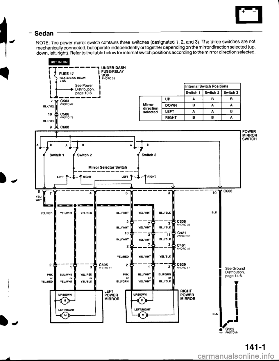 HONDA INTEGRA 1998 4.G Workshop Manual - Sedan
NOTE: The power mirror switch contains three switches (designated 1, 2, and 3). The three switches are not
mechanically connected, but operate independently or together depending on the mirror