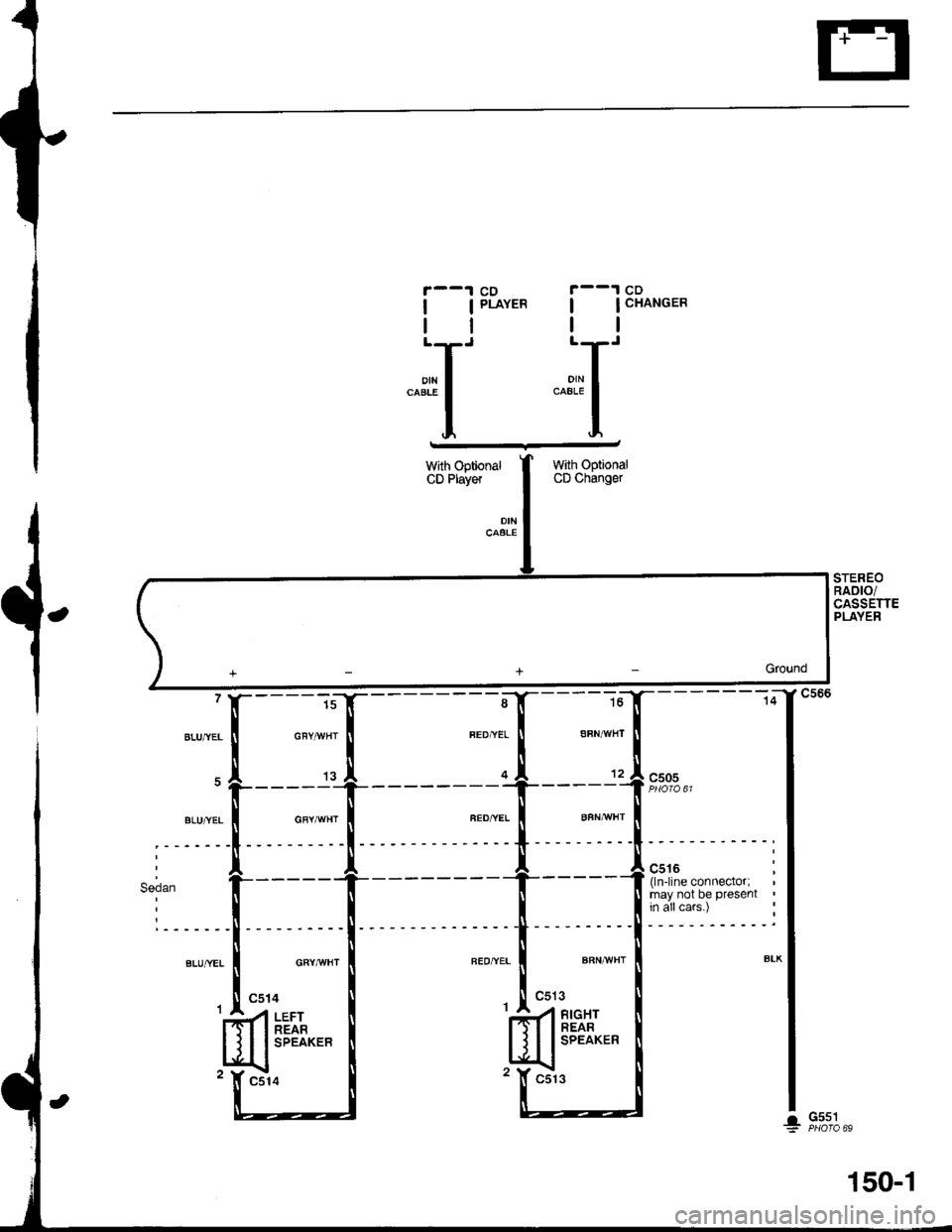 HONDA INTEGRA 1998 4.G Workshop Manual EI
r__1 cD r--1 co
I IPLAYER | | CHANGER
ll ll
;r ;r
STEREORAOTO/CASSETTEPLAYER
with OptionalCD ChangerWith OptionalCD Player
c516 :(ln-line connector;may not be present 
in allcars.) :
1
.r"-+-Groun