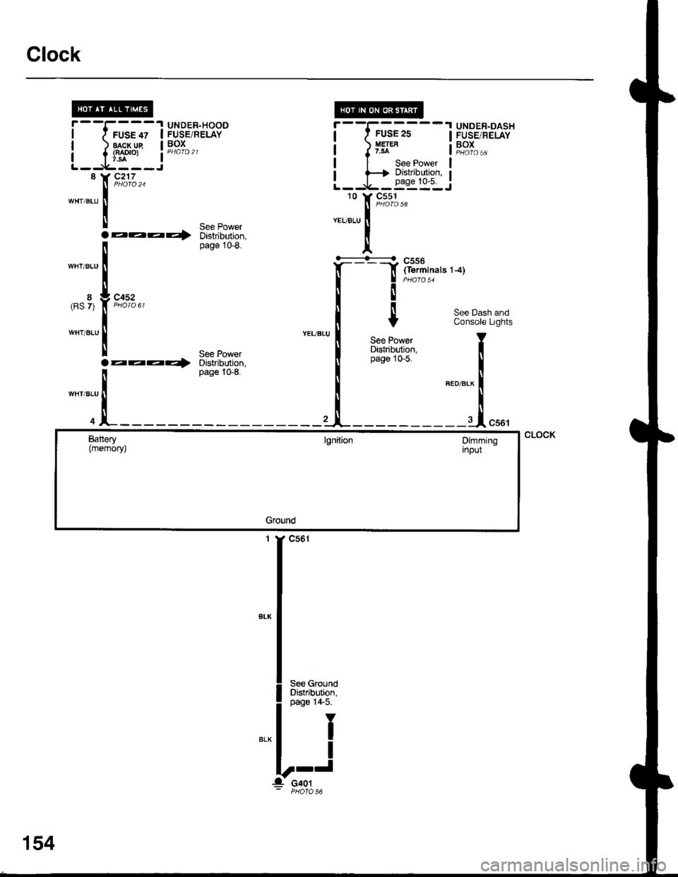 HONDA INTEGRA 1998 4.G Workshop Manual Clock
I
I
8(RS 7)
WHT/BLU
UNDER-HOODruse lz I FUSE/RELAY
lragr-lle I Pg^I^ ^
{f*o, a PHafo 21
c217
aaaQ
c452
aaaa)
"-,,[r*"
nnT,i"".-.)
I
Y
See PowarDistribution,page 10-5.
r--I------1 UNDER-DASHI