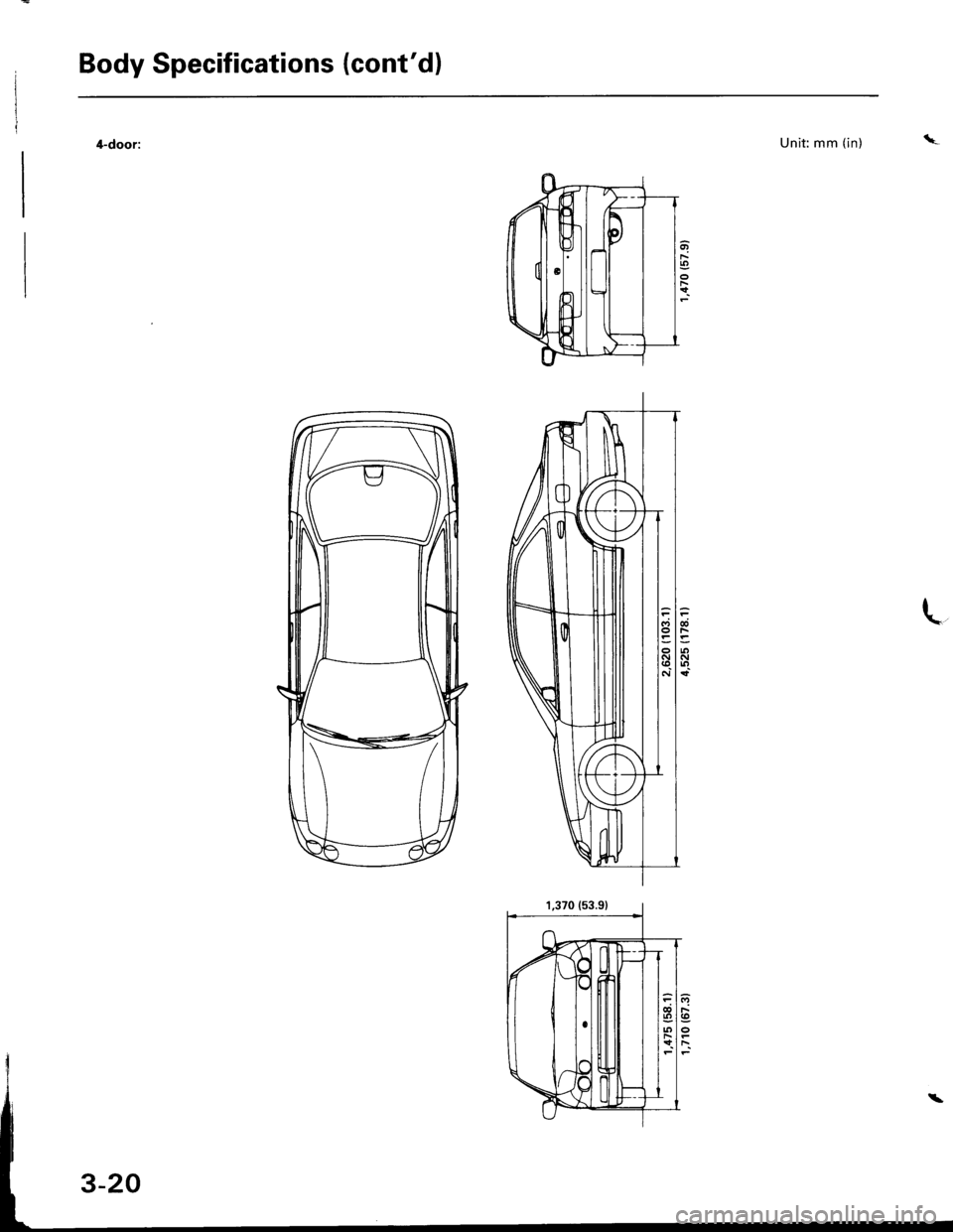 HONDA INTEGRA 1998 4.G Workshop Manual Body Specifications (contdl
Unit: mm (in)
tc;o
o(oN
dlnIJ)F!t 