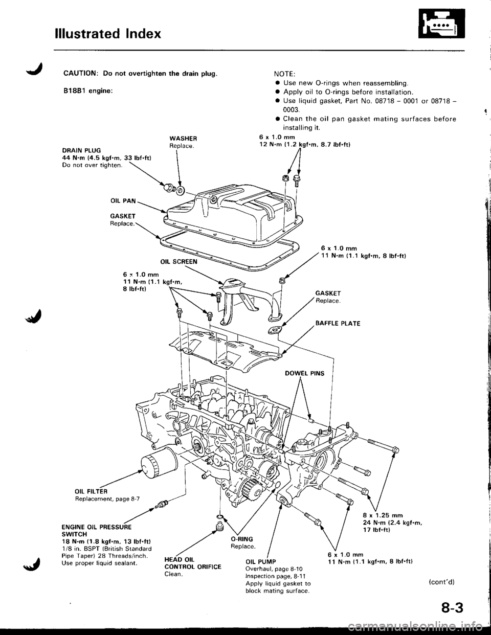 HONDA INTEGRA 1998 4.G Owners Manual lllustrated Index
JCAUTION: Do not overtighton the drain plug.
81881 engine:
WASHER
OIL PAN
GASKETReplace.
OIL SCREEN
6 x 1.0 mm11 Nm 11.1 kgt.m,I lbt.ft)
NOTE:
a Use new O-rings when reassembling.
a