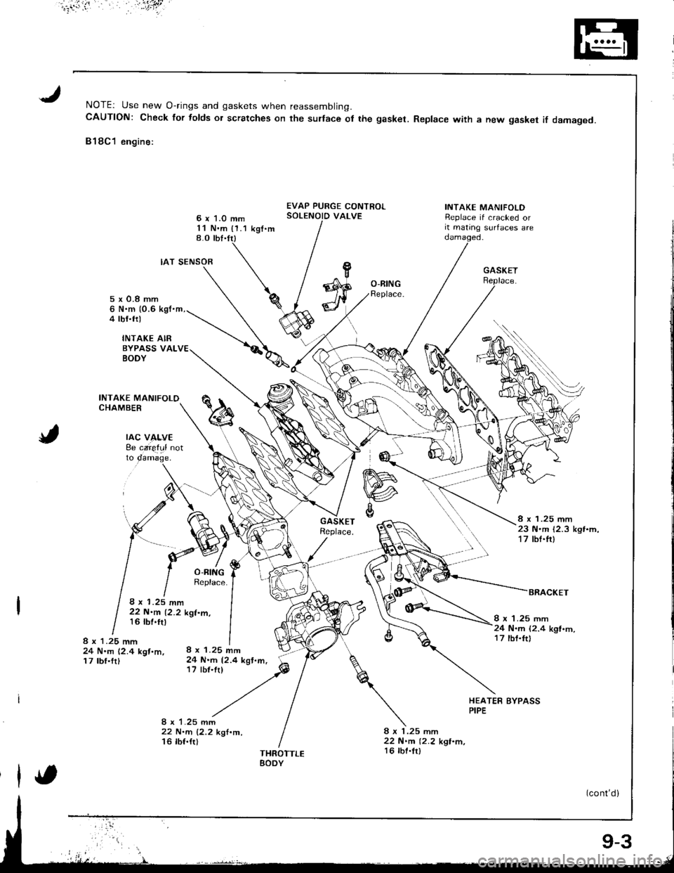 HONDA INTEGRA 1998 4.G Workshop Manual ..,..attj
NOTEr Use new O-rings and gaskets when reassembling.CAUTION: Check for folds or scratches on the surlace ot the gasket. Replace with a new gasket if damaged.
818C1 engine:
6 x 1.0 mm11 N.m