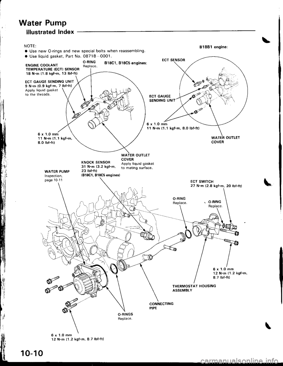 HONDA INTEGRA 1998 4.G Workshop Manual Water Pump
NOTE:
a Use new O-rings and new spgcial bolts when reassembling.
a Use liquid gasket, Part No. O8718 0001.
R;lll$ 818c1. 818c5 ensines:
ECT GAUGE SENDING UNITI N.m 10.9 kg{m, 7 lbfftlAppl HONDA INTEGRA 1998 4.G Workshop Manual Water Pump
NOTE:
a Use new O-rings and new spgcial bolts when reassembling.
a Use liquid gasket, Part No. O8718 0001.
R;lll$ 818c1. 818c5 ensines:
ECT GAUGE SENDING UNITI N.m 10.9 kg{m, 7 lbfftlAppl