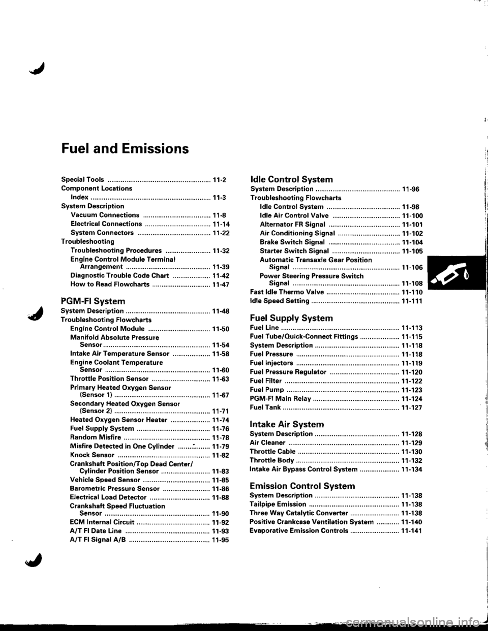 HONDA INTEGRA 1998 4.G Workshop Manual i
iFuel and Emissions
SDeciaf Toofs ..,...,...............11-2
Component Locations
Index.,..,.,..................................,.,.,.,.,.,..,.,....... 11-3
System Description
Vacuum Connections ....