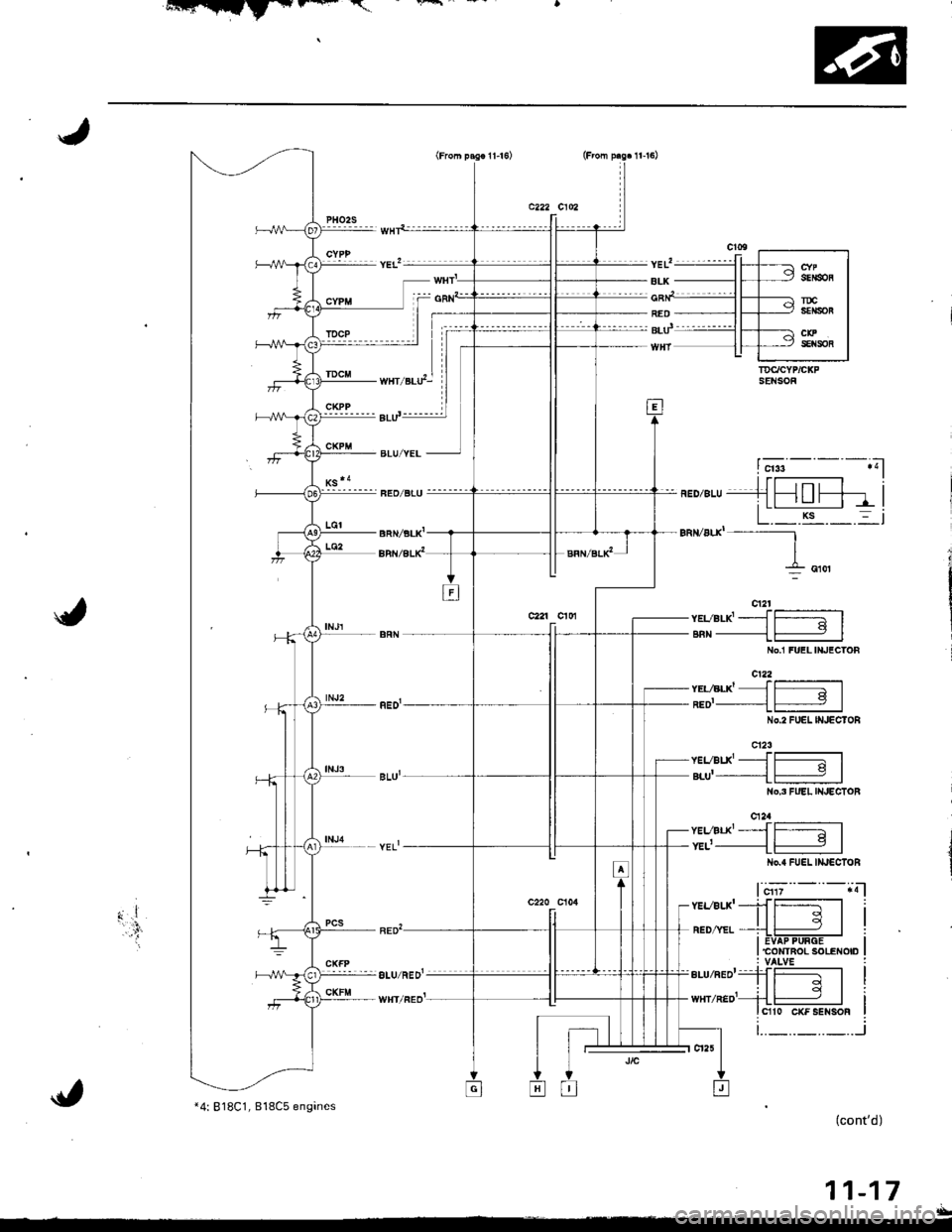 HONDA INTEGRA 1998 4.G Workshop Manual Gillntr*r-"--
ri
...,i
rDcM ,I- WHT/BLU--
CKPP
CKPM- BLU/YEL
PCS
cKFlll
No.1 FUEL INJECTOF
c122
No.2 FUEL lNJEctoa
cl2t
No,3 FUEL hUECTOB
c).t2a
t.._.._.._.
c.l24
v:r,,ar.x Jf-----llBED____L| ___