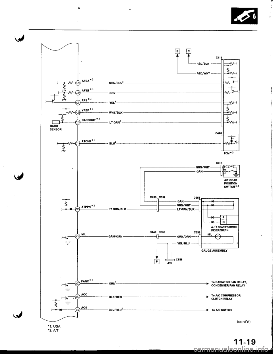 HONDA INTEGRA 1998 4.G Workshop Manual \y
trtr
lk:
LT GRN/BLK
e ntZonl -------fl- enx/onn
f_-=l IYEVBLUtl
ttlv - ]-""
tl Jtc
GAUGE ASSEIIBLY
To RADIATOA FAN RELAY,COT.IDENSER FAII RELAY
To A/C COIPRESSOBCLTITCH NELAY
To A/C s\i/tlcH
*1