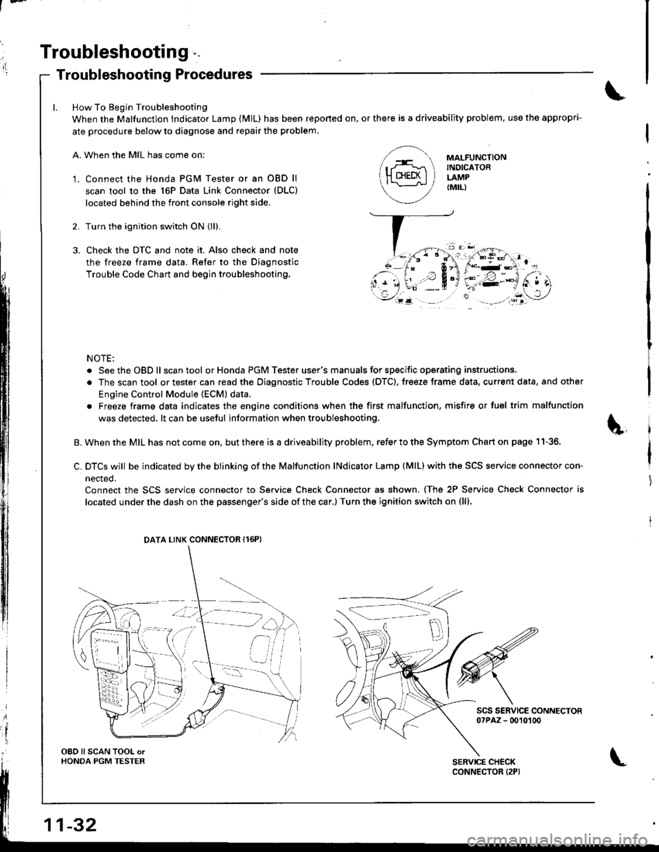 HONDA INTEGRA 1998 4.G Workshop Manual t-
il
Troubleshooting ".
Troubleshooting Proccdures
How To Begin Troubleshooting
When the Malfunction lndicator Lamp {MlL) has been reponed on, or there is a driveability problem, use the appropri-
at HONDA INTEGRA 1998 4.G Workshop Manual t-
il
Troubleshooting ".
Troubleshooting Proccdures
How To Begin Troubleshooting
When the Malfunction lndicator Lamp {MlL) has been reponed on, or there is a driveability problem, use the appropri-
at