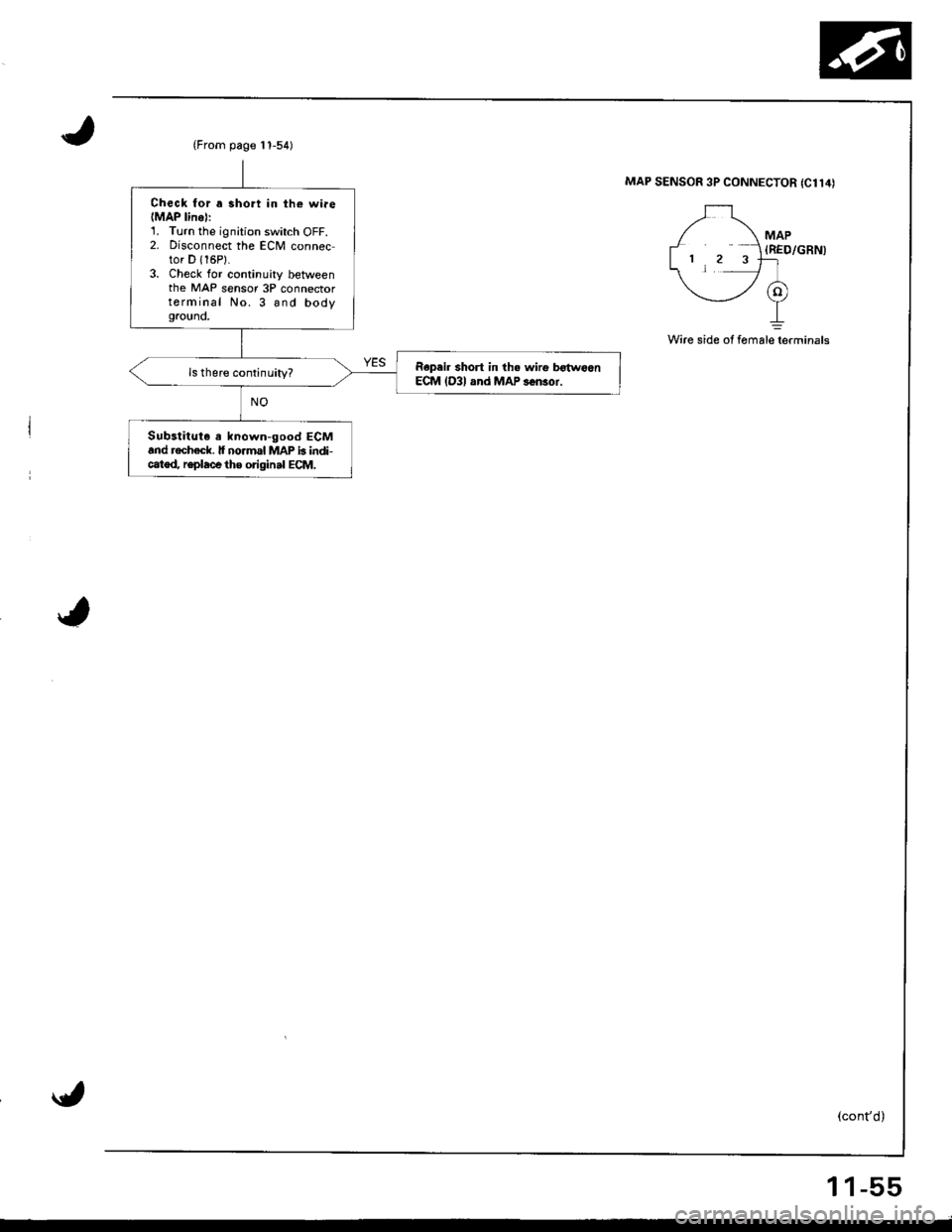 HONDA INTEGRA 1998 4.G User Guide (From page t 1-54)
Check for a 3hort in th€ wiae(MAP linel:1. Turn the ignition switch OFF.2. Disconnect the ECM connector D {16P}.3. Check for continuity betweenthe MAP sensor 3P connectorterminal HONDA INTEGRA 1998 4.G User Guide (From page t 1-54)
Check for a 3hort in th€ wiae(MAP linel:1. Turn the ignition switch OFF.2. Disconnect the ECM connector D {16P}.3. Check for continuity betweenthe MAP sensor 3P connectorterminal