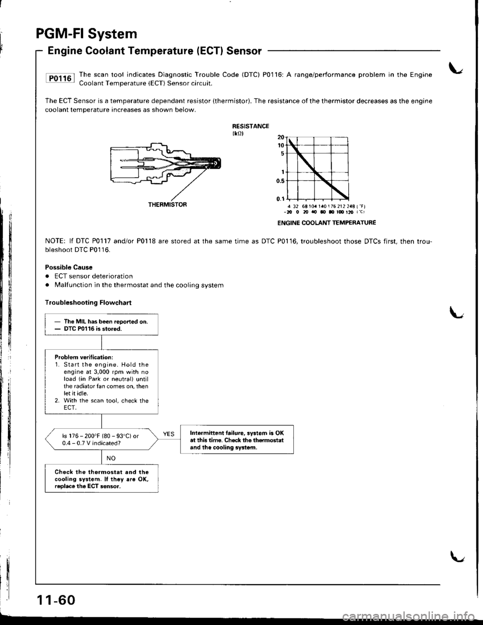 HONDA INTEGRA 1998 4.G Service Manual PGM-FI System
Engine Coolant Temperature (ECTI Sensor
Ip01161 Ihe,scaltool indicates Diagnostic Trouble Code (DTC) P0116: A range/performance problem in the Engine: Coolant Temperature {ECT) Sensor ci