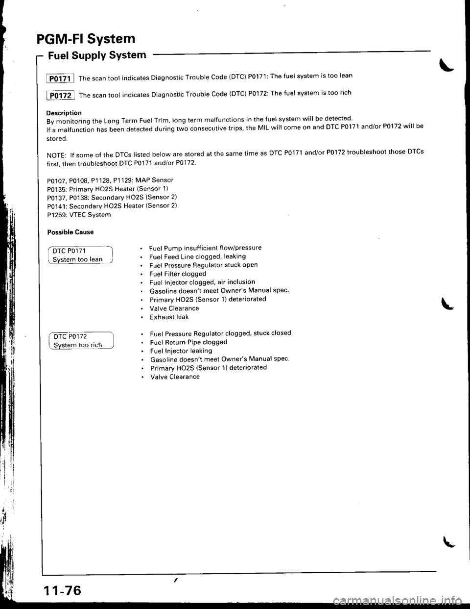 HONDA INTEGRA 1998 4.G Workshop Manual PGM-Fl System
Fuel Supply System
lF0{7il Thescantool indicates Diagnostic Trouble Code (DTC) P0171:Theluel system rstoo lean
[F0i72l Th" ""un tool indicates Diagnosric Trouble code (DTc) p0,172: The f