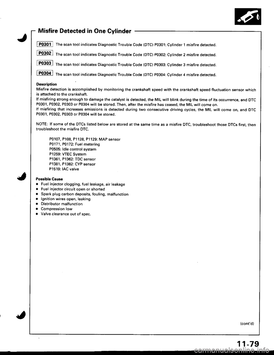 HONDA INTEGRA 1998 4.G Workshop Manual Misfire Detected in One Cylinder
I P0301 The scan tool indicates Diagnostic Trouble Code (DTC) PO3O1:Cylinder 1 misfire detected.
[F03021 1;," """n tool indicares Diagnostic Troubte Code (DTC) pO3O2: 