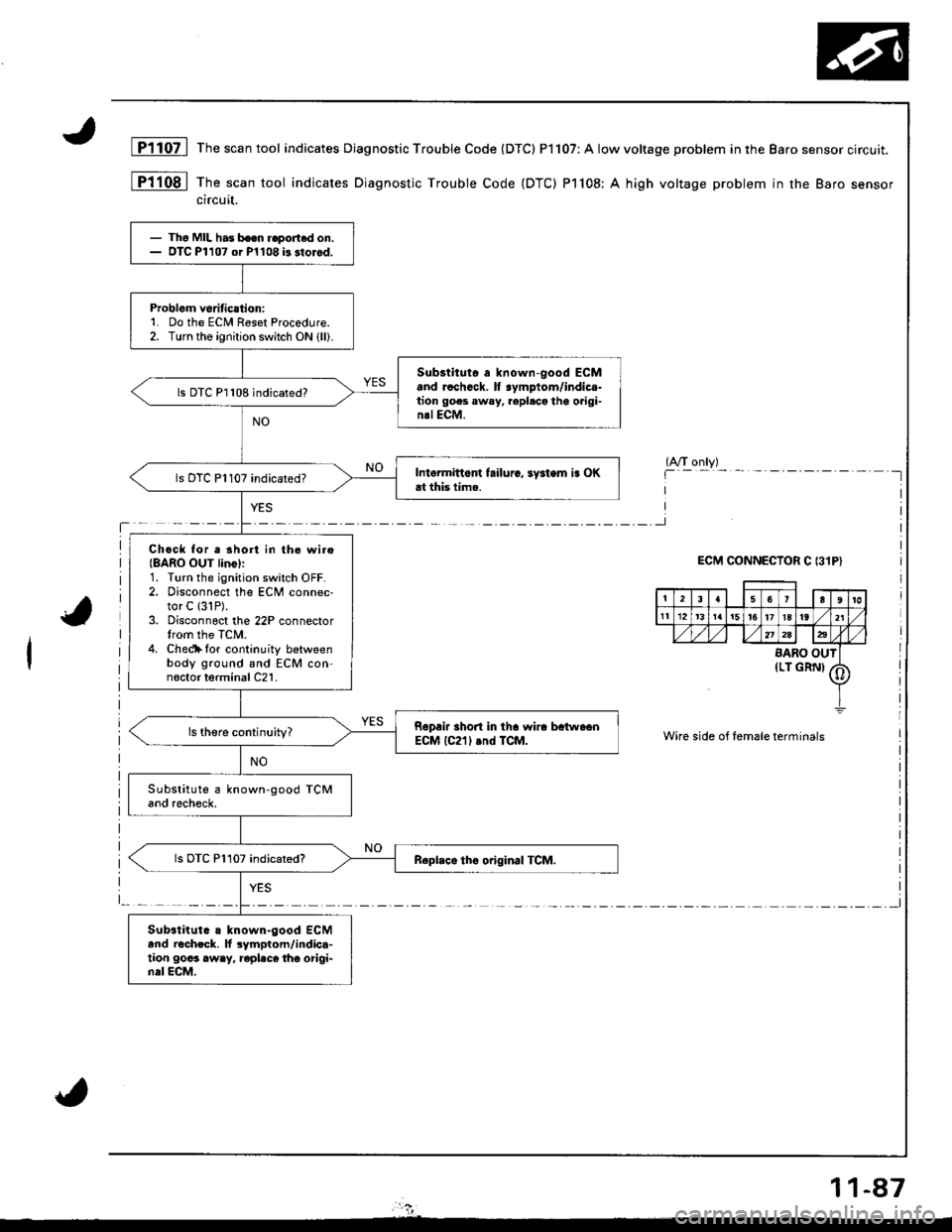 HONDA INTEGRA 1998 4.G User Guide - Thg MIL has been reportod on.- OTC Pl107 or P1108 b stor6d.
Problgm v6riticrtion:1. Do the ECM Reset Procedure.2. Turn the ignition switch ON (ll).
Substitut6 a known-good ECMand rcchack. lt lymptom HONDA INTEGRA 1998 4.G User Guide - Thg MIL has been reportod on.- OTC Pl107 or P1108 b stor6d.
Problgm v6riticrtion:1. Do the ECM Reset Procedure.2. Turn the ignition switch ON (ll).
Substitut6 a known-good ECMand rcchack. lt lymptom