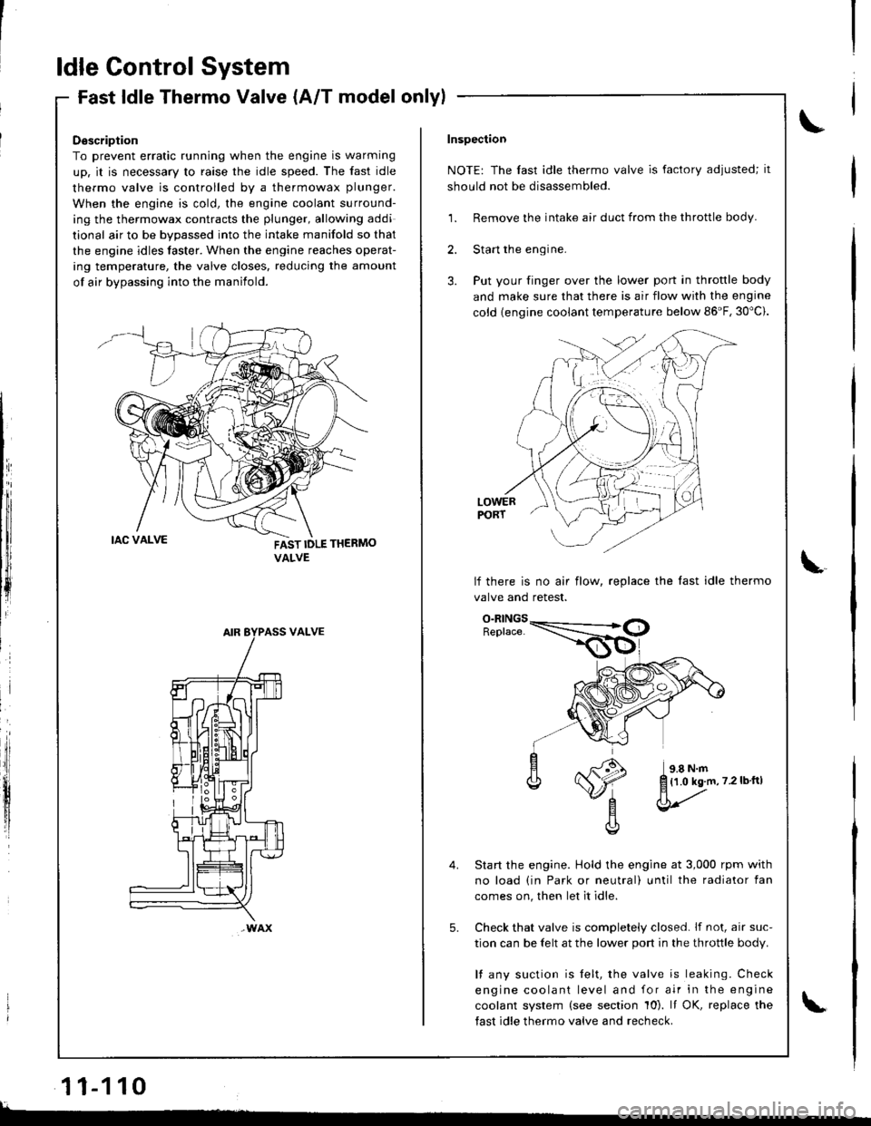 HONDA INTEGRA 1998 4.G Workshop Manual ldle Control System
Fast ldle Thermo Valve (A/T model onlylFast ldle I nermo valve (A/ | mooel
Description
To prevent erratic running when the engine is warming
up. it is necessary to raise the idle s