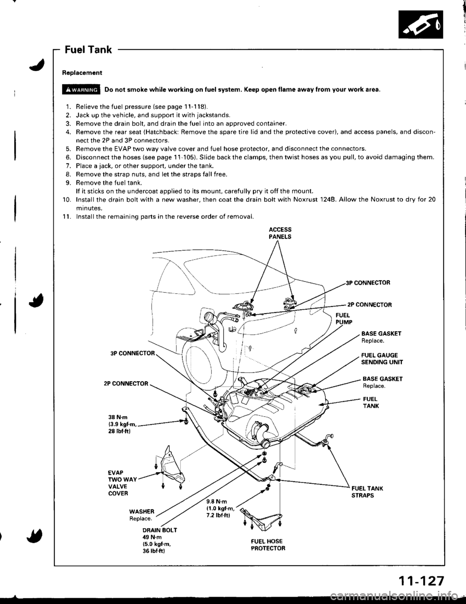 HONDA INTEGRA 1998 4.G Workshop Manual 1r
;
J
I
Fuel Tank
Reolacement
!!@ Do not smoke while working on fuel system. Keep open flame away from your work a.ea.
1. Relieve the fuel pressure(seepagell-118).
2. Jack up the vehicle, and support