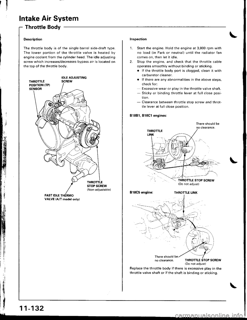 HONDA INTEGRA 1998 4.G Workshop Manual In
Intake Air System
Throttle Body
$;
Description
The throttle body is of the single barrel side-draft type.
The lower portion of the throttle valve is heated by
engine coolant from the cylinder head.