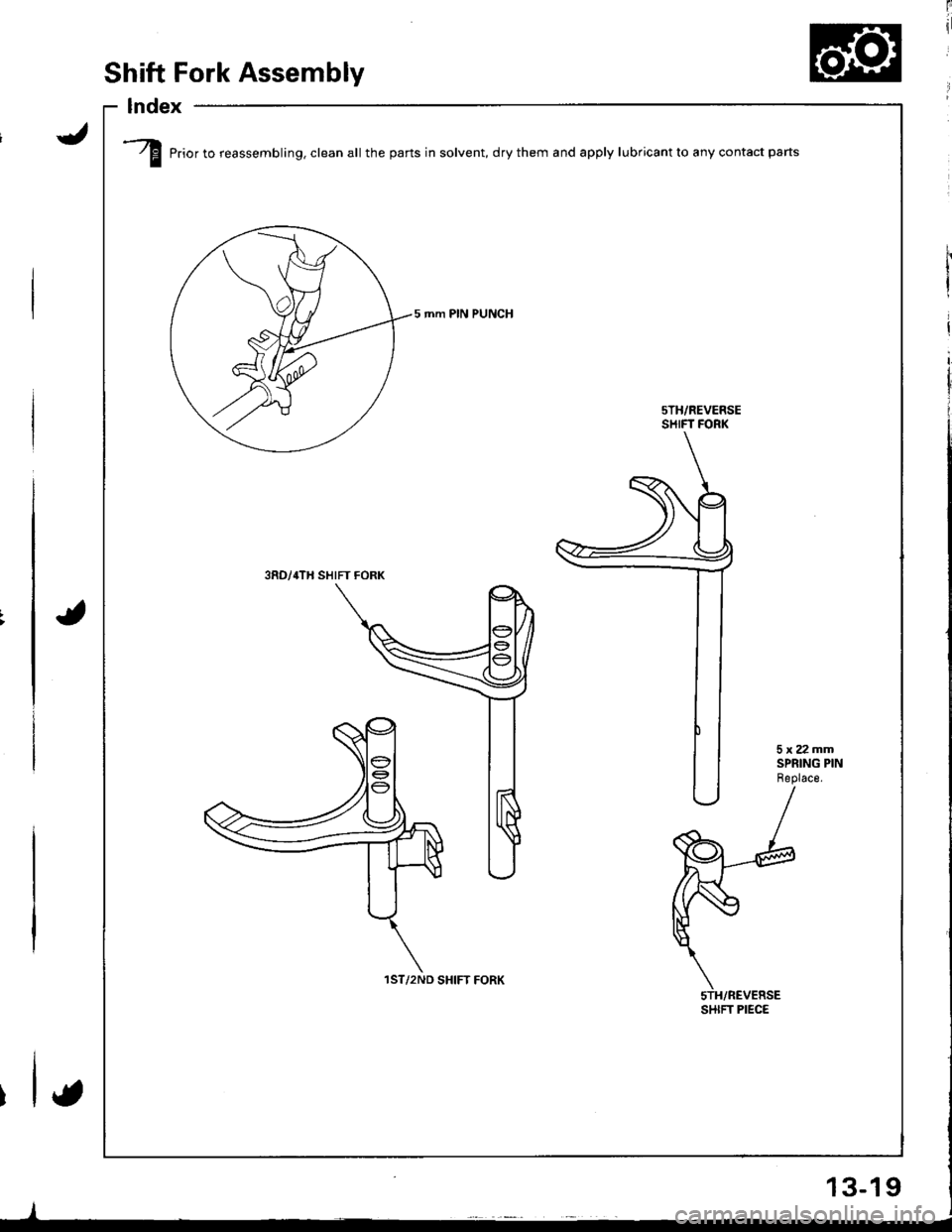HONDA INTEGRA 1998 4.G Workshop Manual /f Prior to reassembling. clean all the parts in solvent, drythem and apply lubricantto any contact parts
5 mm PIN PUNCH
sTH/REVERSESHIFT FORK
3RD/,rTH SHIFT FORK
1ST/2ND SHIFT FORK
SHIFT PIEC€
Shif