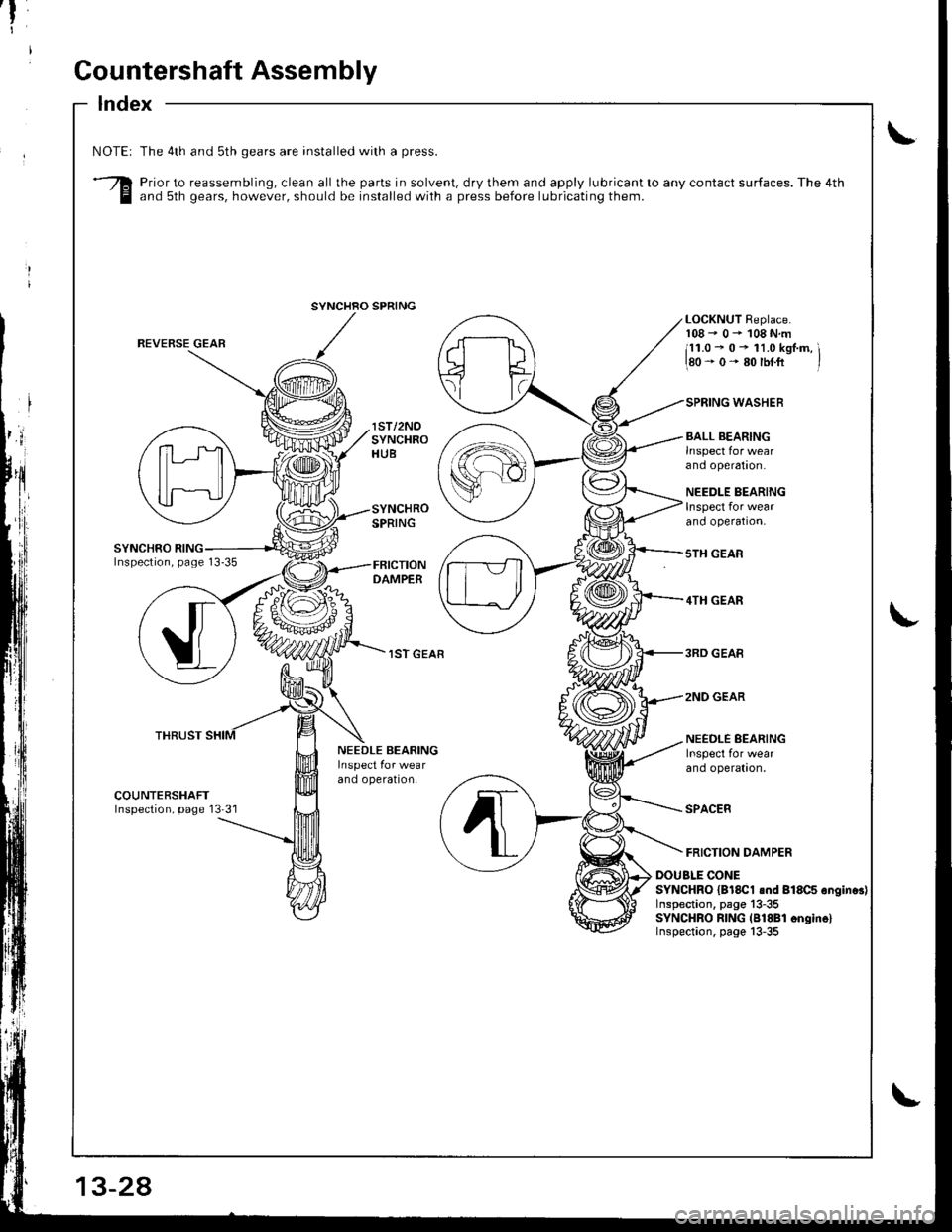 HONDA INTEGRA 1998 4.G Workshop Manual f
I
Gountershaft Assembly
Index
\NOTEI
3
The 4th and sth gears are installed with a press.
Prior to reassembling, clean all the parts in solvent, dry them and apply lubricant to any contact surfaces.