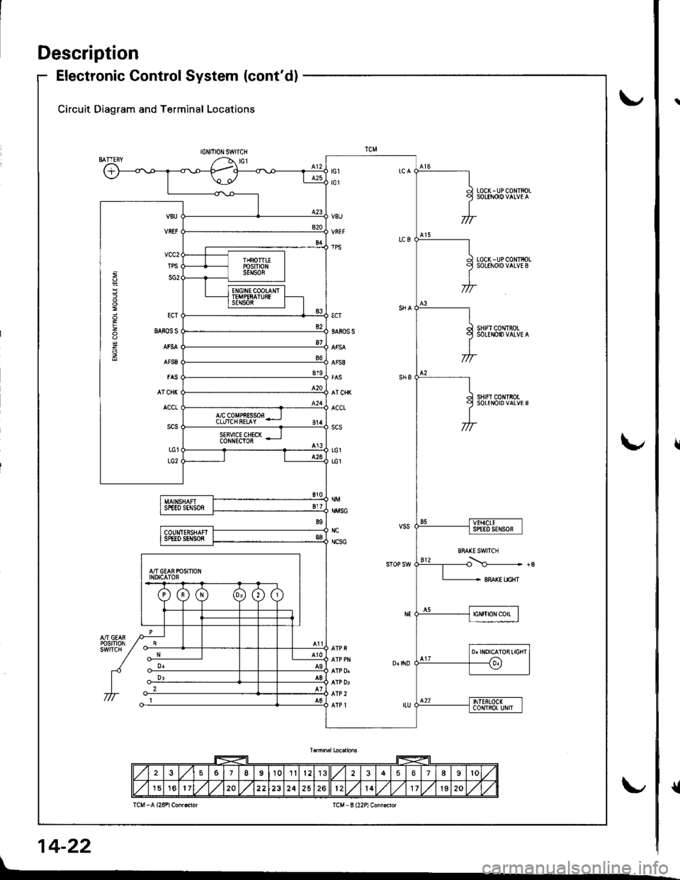 HONDA INTEGRA 1998 4.G Workshop Manual Description
Electronic Control System (contd)
Circuit Diagram and Terminal Locations
IGNITIONSWITCH
LOC(-UPCONTFOL
LOCK - UP COIITBOLSOLENOIO VALVE B
SHIFI CONTROLSOLENOID VALVE A
sHrFtc0NtRotSOLENOI HONDA INTEGRA 1998 4.G Workshop Manual Description
Electronic Control System (contd)
Circuit Diagram and Terminal Locations
IGNITIONSWITCH
LOC(-UPCONTFOL
LOCK - UP COIITBOLSOLENOIO VALVE B
SHIFI CONTROLSOLENOID VALVE A
sHrFtc0NtRotSOLENOI
