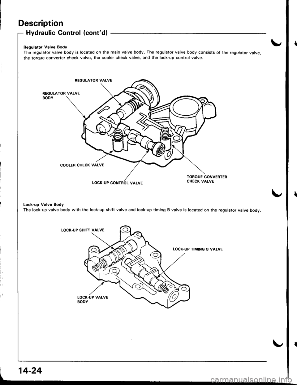 HONDA INTEGRA 1998 4.G Workshop Manual Description
Hydraulic Control (contd)
Regulator Valve Body
The regulator valve body is located on the main valve body. The regulator valve body consists of the regulator valve,
the torque converter c HONDA INTEGRA 1998 4.G Workshop Manual Description
Hydraulic Control (contd)
Regulator Valve Body
The regulator valve body is located on the main valve body. The regulator valve body consists of the regulator valve,
the torque converter c