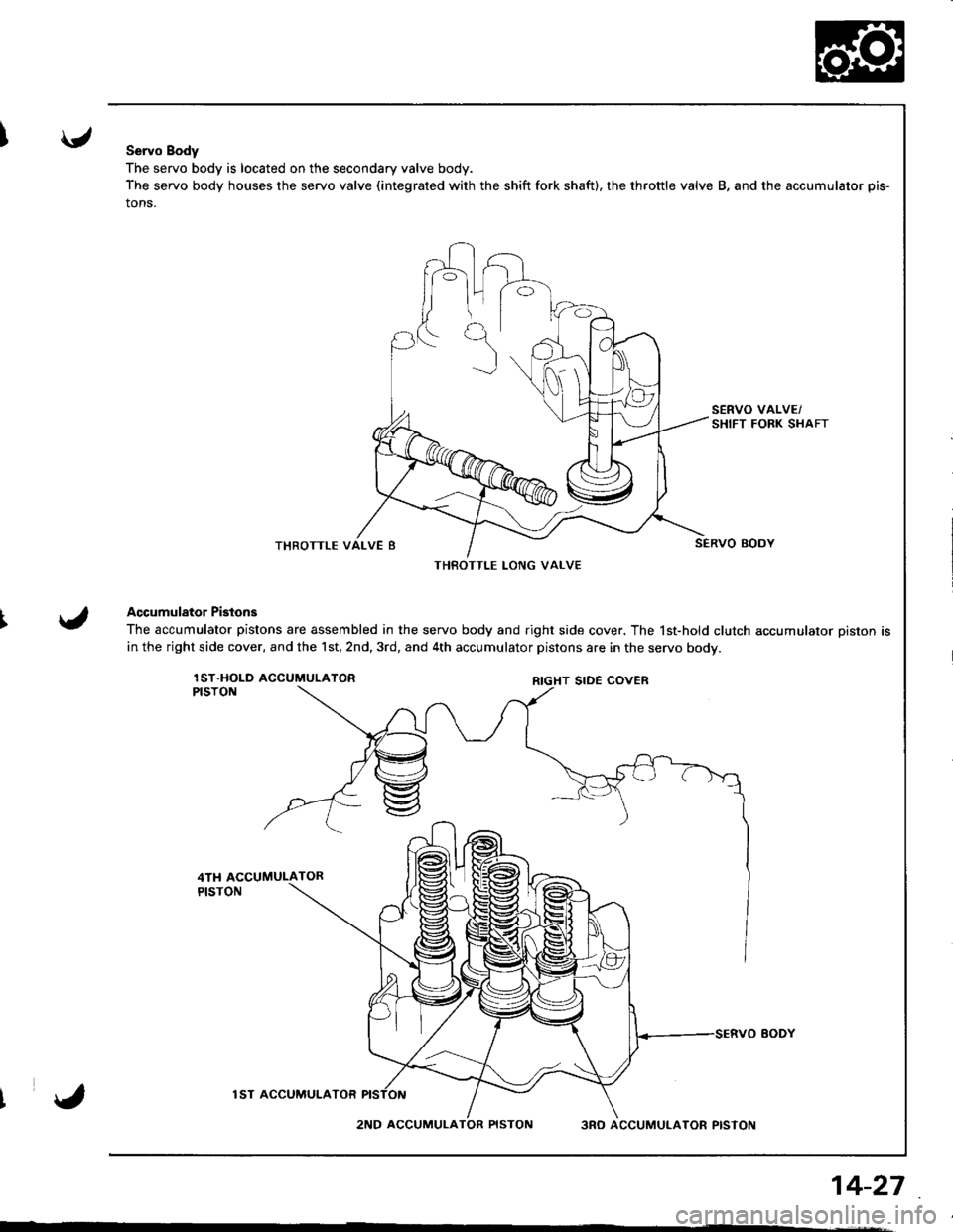 HONDA INTEGRA 1998 4.G Workshop Manual Servo Body
The servo body is located on the secondary valve body.
The servo body houses the servo valve (integrated with the shift fork shaft), the throttle valve B, and the accumulator pis-
tons.
THR HONDA INTEGRA 1998 4.G Workshop Manual Servo Body
The servo body is located on the secondary valve body.
The servo body houses the servo valve (integrated with the shift fork shaft), the throttle valve B, and the accumulator pis-
tons.
THR
