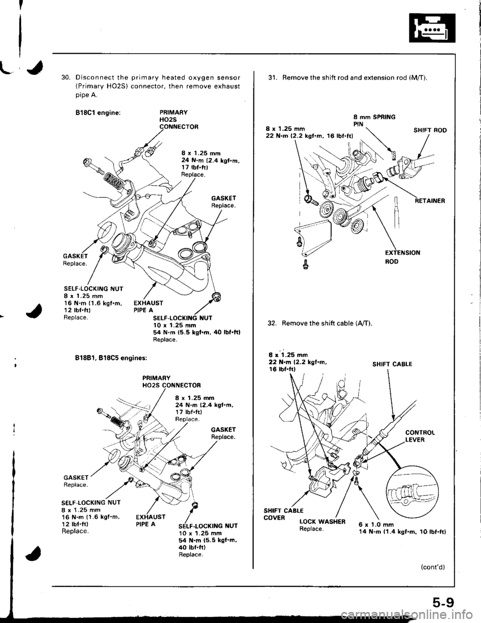 HONDA INTEGRA 1998 4.G Repair Manual 7
30.Disconnect the primary heated oxygen sensor(Primary HO2S) connector, then remove exhaust
pipe A.
818C1 engine:PRIMARYHO2S
8 x 1.25 mm24 N.m 12.4 kgl.m.t7 rbt.fttReplace.
GASKETReplace.
Replace.
S