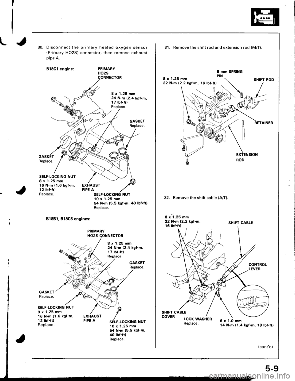 HONDA INTEGRA 1998 4.G Workshop Manual 7
30.Disconnect the primary heated oxygen sensor(Primary HO2S) connector, then remove exhaust
pipe A.
818C1 engine:PRIMARYHO2S
8 x 1.25 mm24 N.m 12.4 kgl.m.t7 rbt.fttReplace.
GASKETReplace.
Replace.
S