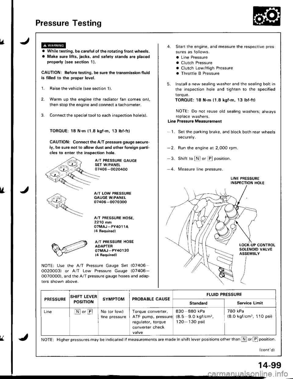 HONDA INTEGRA 1998 4.G Workshop Manual Pressure Testing
a While testing, be careJulot the rotating front wheels.
a Make sule litts, iacks, and safety stands are placed
properly (see section 1).
CAUTION: Befoie testing, be sure the transmis