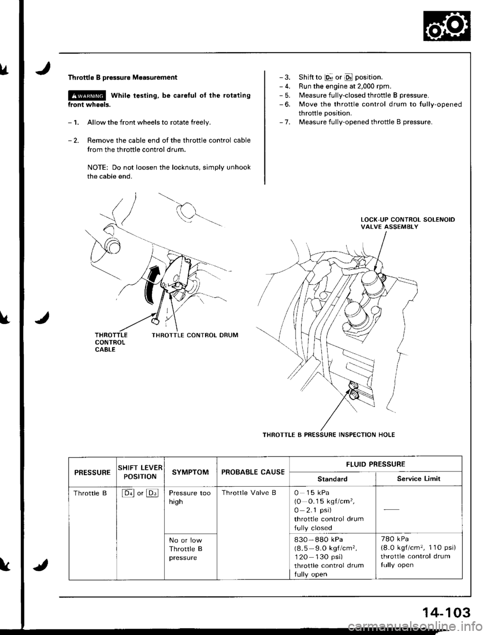 HONDA INTEGRA 1998 4.G Workshop Manual lrThrottle B pressure M€asurement
@ while testing, be careful of the rotating
front wheels.
- 1. Allow the front wheels to rotate freely.
- 2. Remove the cable end of the throttle control cable
trom HONDA INTEGRA 1998 4.G Workshop Manual lrThrottle B pressure M€asurement
@ while testing, be careful of the rotating
front wheels.
- 1. Allow the front wheels to rotate freely.
- 2. Remove the cable end of the throttle control cable
trom