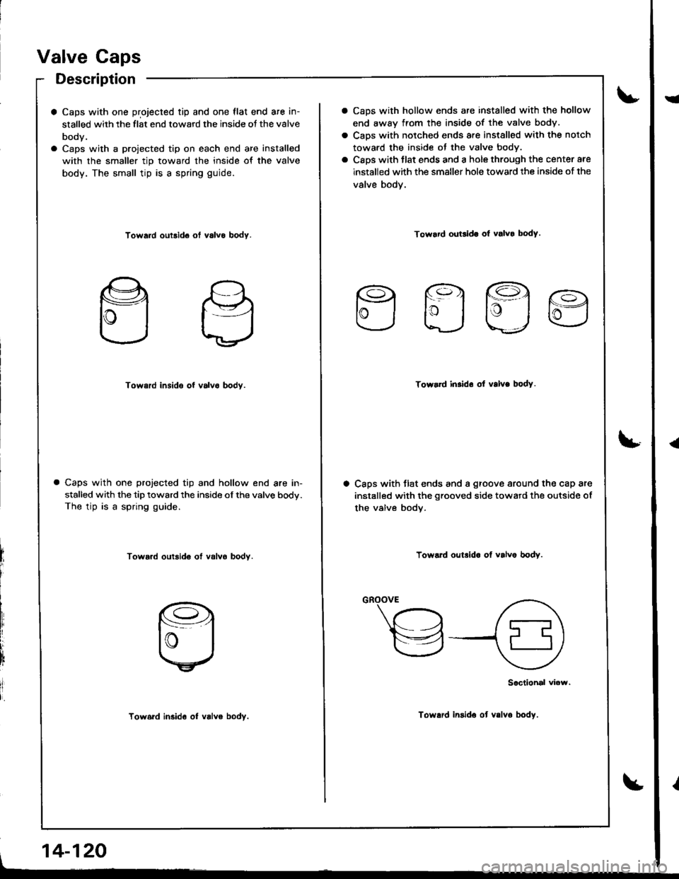HONDA INTEGRA 1998 4.G Workshop Manual Valve Caps
Description
a Caps with one projected tip and one flat end are in-
stalled with the flat end toward the inside oJ the valve
body.
a Caps with a proiected tip on each end are installed
with HONDA INTEGRA 1998 4.G Workshop Manual Valve Caps
Description
a Caps with one projected tip and one flat end are in-
stalled with the flat end toward the inside oJ the valve
body.
a Caps with a proiected tip on each end are installed
with