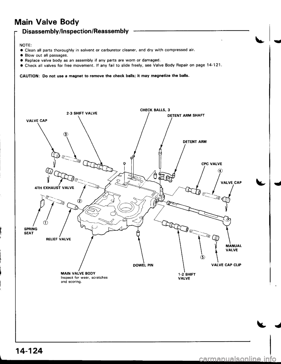 HONDA INTEGRA 1998 4.G Workshop Manual Main Valve Body
Disassembly/lnspection/Reassembly
NOTE:
a Clean all pans thoroughly in solvent or carburetor cleaner, and dry with compressed air.
a Blow out all passages.
a Replace valve body as an a HONDA INTEGRA 1998 4.G Workshop Manual Main Valve Body
Disassembly/lnspection/Reassembly
NOTE:
a Clean all pans thoroughly in solvent or carburetor cleaner, and dry with compressed air.
a Blow out all passages.
a Replace valve body as an a