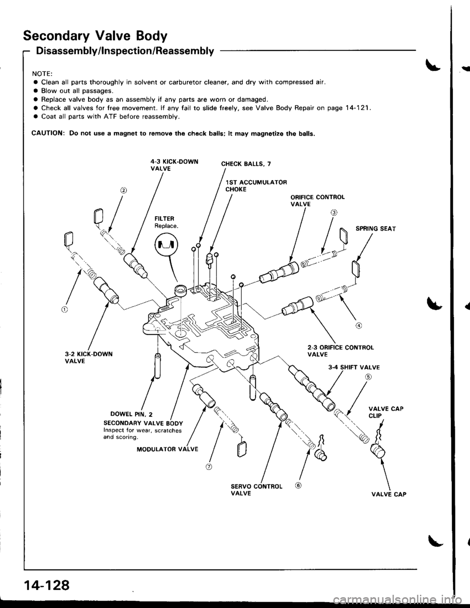 HONDA INTEGRA 1998 4.G Workshop Manual Secondary Valve Body
Disassembly/lnspection/Reassembly
NOTE:
a Clean all parts thoroughly in solvent or carburetor cleaner. and dry with compressed air.
a Blow out all passages.
a Replace valve body a HONDA INTEGRA 1998 4.G Workshop Manual Secondary Valve Body
Disassembly/lnspection/Reassembly
NOTE:
a Clean all parts thoroughly in solvent or carburetor cleaner. and dry with compressed air.
a Blow out all passages.
a Replace valve body a