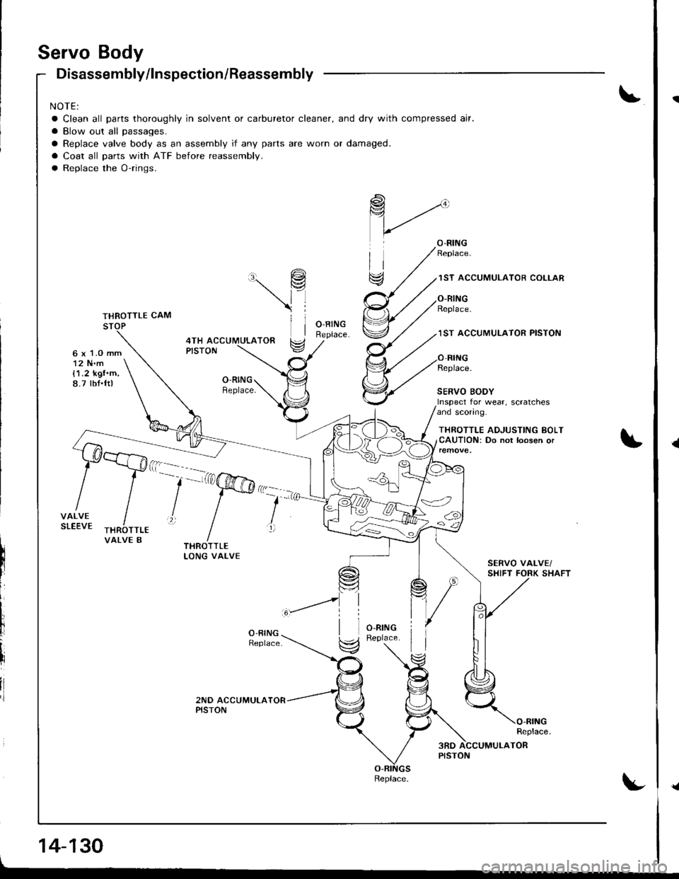 HONDA INTEGRA 1998 4.G Workshop Manual Servo Body
6 x 1.O mm12 N.m{1.2 kgfm,8.7 tbt.ftl
Disassembly/lnspection/Reassembly
NOTE:
a Clean all parts thoroughly in solvent or carburetor cleaner, and dry with compressed air.
a Blow out all pas HONDA INTEGRA 1998 4.G Workshop Manual Servo Body
6 x 1.O mm12 N.m{1.2 kgfm,8.7 tbt.ftl
Disassembly/lnspection/Reassembly
NOTE:
a Clean all parts thoroughly in solvent or carburetor cleaner, and dry with compressed air.
a Blow out all pas