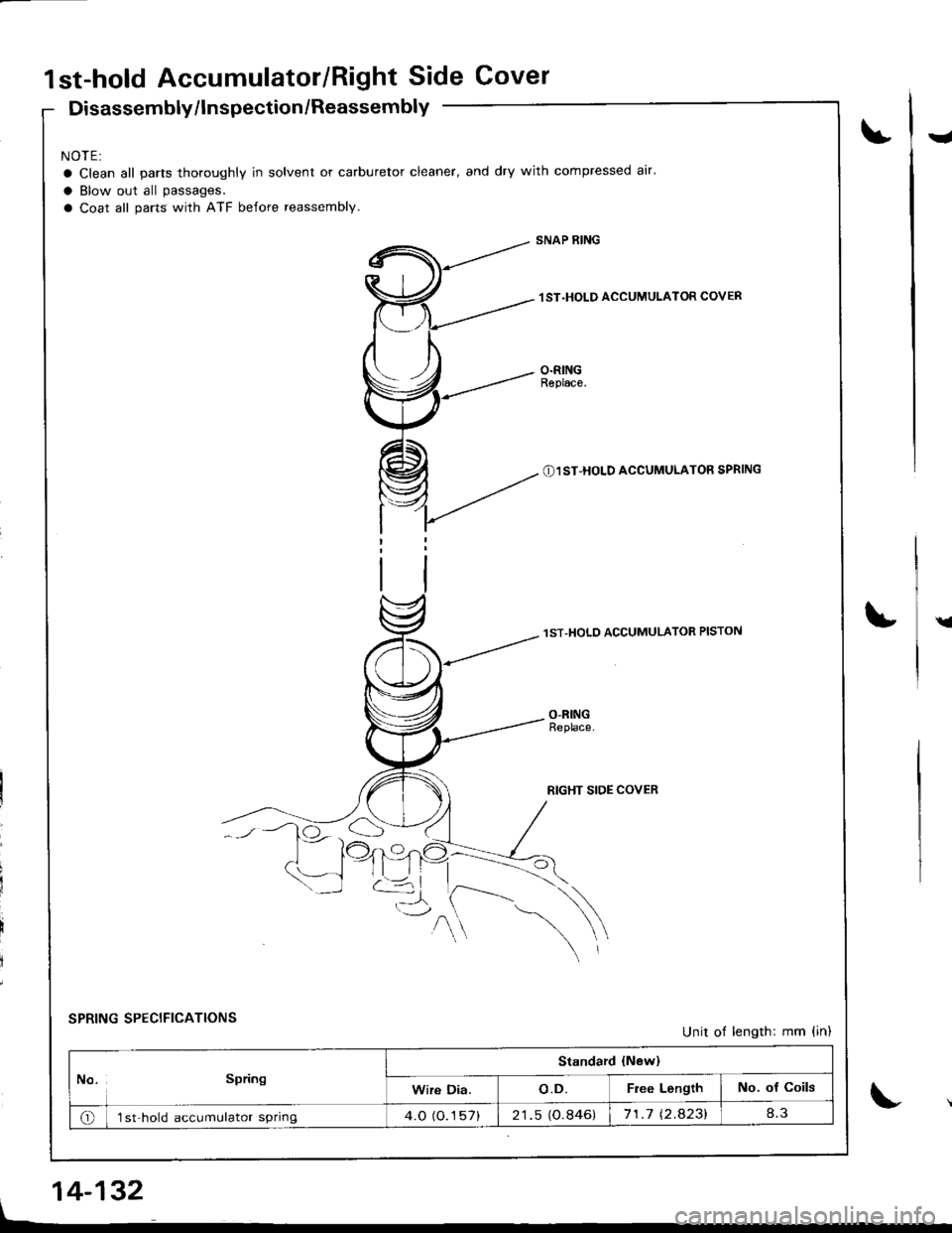 HONDA INTEGRA 1998 4.G Workshop Manual 1st-hold Accumulator/Right Side Cover
Disassembly/lnspection /Reassembly
NOTE:
a Clean all parts thoroughly ln solvent or carburetor cleaner, and dry with compressed air.
a Blow out all passages.
a Co HONDA INTEGRA 1998 4.G Workshop Manual 1st-hold Accumulator/Right Side Cover
Disassembly/lnspection /Reassembly
NOTE:
a Clean all parts thoroughly ln solvent or carburetor cleaner, and dry with compressed air.
a Blow out all passages.
a Co