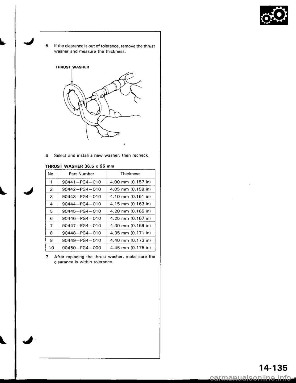 HONDA INTEGRA 1998 4.G Workshop Manual It5.It the clearance is out of tolerance, remove the thrust
washer and measure the thickness.
6. Select and install a new washer, then recheck.
THRUST WASHER 36.5 x 55 mm
7. After replacing the thrust