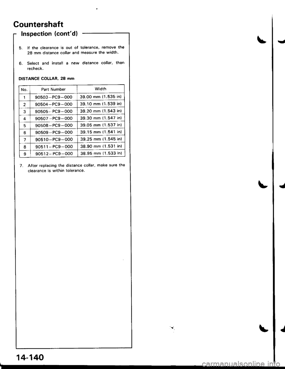 HONDA INTEGRA 1998 4.G Workshop Manual Countershaft
Inspection (contd)
5. lf the clearance is out of tolerance. remove the
28 mm distance collar and measure the width.
6. Select and install a new distance collar. then
recheck.
DISTANCE CO