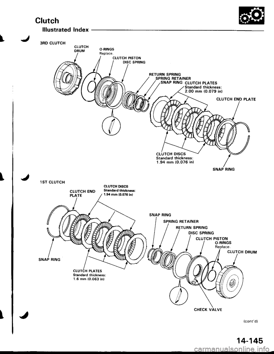 HONDA INTEGRA 1998 4.G Workshop Manual I
\
T
Clutch
lllustrated Index
3RD CLUTCH
1ST CLUTCH
CLUTCH PISTONDISC SPRING
CLUTCHDRUMO-RINGSReplace.
RETURN SPRINGSPRING RETAINERSNAP RING cLUTcH PLATES
Standard thickness:1.6 mm 10.063 inl
{contd