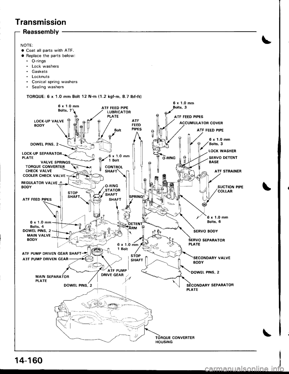 HONDA INTEGRA 1998 4.G Workshop Manual Transmission
NOTE:
a Coat all parts with ATF.
a Replace the parts below:. O-rings. Lock washers. Gaskets. Locknuts. Conical spring washers. Sealing washers
TOROUE: 6 x 1.0 mm Bolt 12 Nm (1.2 kgf.m, 8 HONDA INTEGRA 1998 4.G Workshop Manual Transmission
NOTE:
a Coat all parts with ATF.
a Replace the parts below:. O-rings. Lock washers. Gaskets. Locknuts. Conical spring washers. Sealing washers
TOROUE: 6 x 1.0 mm Bolt 12 Nm (1.2 kgf.m, 8